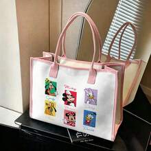 Miniso 迪士尼米奇與好友配色拼接托特包，帆布包配粉色滾邊，大容量手提包適用於通勤、上學、旅行與購物 - 粉色 - 查看 4