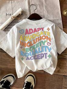 Minimalist. 100% Cotton. 1 Piece. [Double-Sided Print][Wild Thyme]Vibrant Style. Text And Heart Print. Casual Short-Sleeved T-Shirt With A Round Neck And ADAPT ADVOCATE INCLUSION Print. Spring/Summer Top. - 白色 - 查看 3