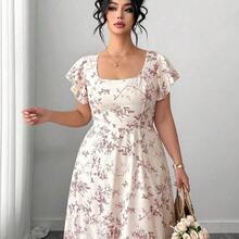 jianchaimaoyi02  Vestido de verano elegante y estilizador para mujer de talla grande con cuello cuadrado francés, mangas con volantes, abertura en el bajo, adecuado para uso casual, vacaciones ligeras, ocasiones sociales, fiestas de cóctel y citas - Naranja - Ver 3