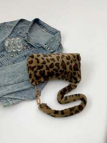 Leopard Print Faux Fur Shoulder Bag (Random Print Placement) - Brown - View 5
