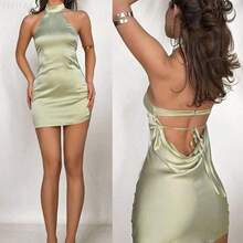 MewMuse. Vestido sin mangas de corte en A, cuello en V y espalda descubierta, de unicolor - Azul - Ver 2