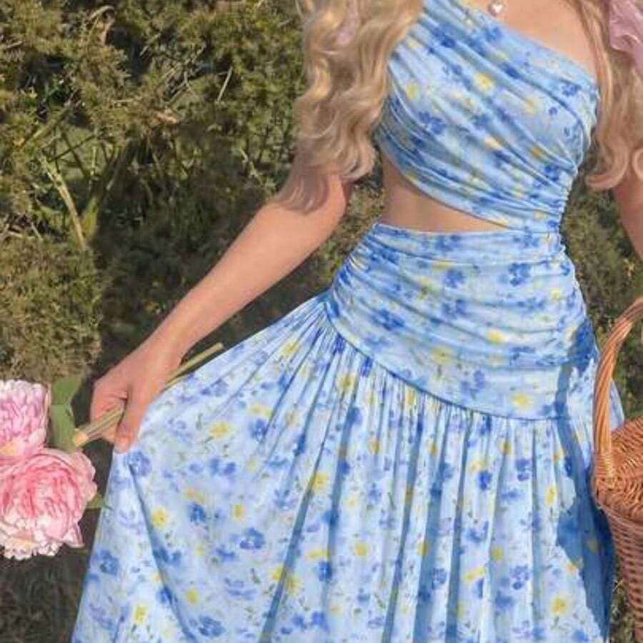 yonghongmaoyi1 MOD Vestido largo con lazo en el hombro asimétrico, color rojo, adecuado para vacaciones, uso casual, temporada de bodas, té y verano para mujeres - Azul - Ver 1