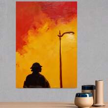 Pintura al Óleo 100% Hecha a Mano en 2D, Pintura Decorativa al Óleo, Pintura Decorativa Moderna Minimalista, Arte de Silueta de Bombero, Pintura Colgante, Fondo de Llama Rojo Naranja, Pintura en Lienzo con Tema de Héroe, Decoración de Pared para Sala de Estar, Dormitorio, Oficina, Accesorios para el - Enmarcado - Ver 3