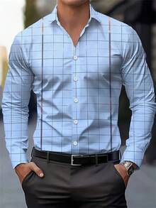 Men's Long-Sleeved Checkered Dress Shirt: Elegance And Sophistication For All Occasions - 淺藍色 - 查看 1