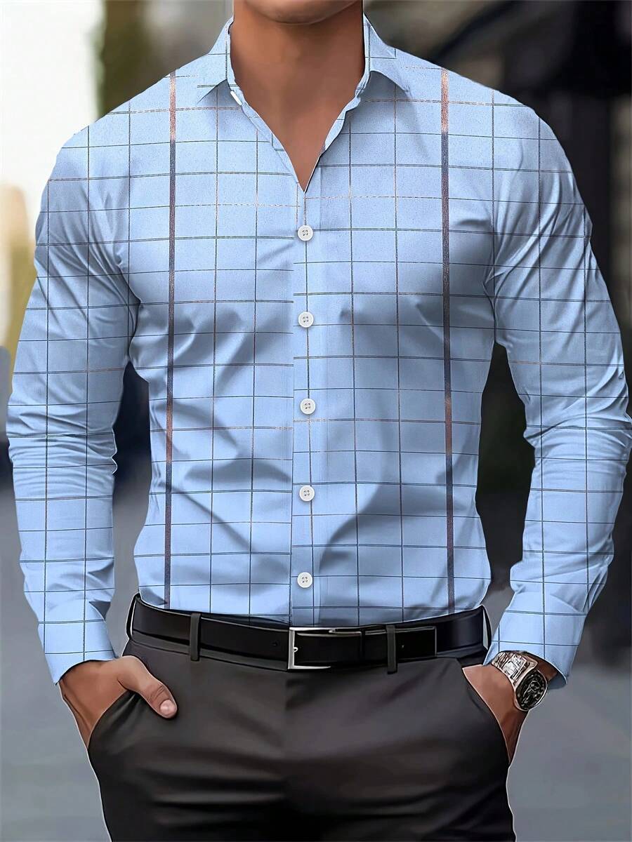 Men's Long-Sleeved Checkered Dress Shirt: Elegance And Sophistication For All Occasions - 淺藍色 - 查看 1