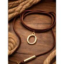 Leatherette Necklace With Personalized Letter, Gold Plated (N, Brown) - O - View 2