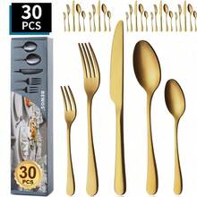 Dieses 30-teilige Edelstahl-Besteckset ist für 6 Personen geeignet und beinhaltet Messer, Gabel und Löffel. Es ist spülmaschinenfest, hochglanzpoliert und ideal für Camping, Picknicks, Büros, Schulen, Restaurants, die heimische Küche und viele weitere Anlässe. - Gold - Übersicht 1