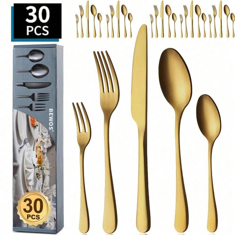 Dieses 30-teilige Edelstahl-Besteckset ist für 6 Personen geeignet und beinhaltet Messer, Gabel und Löffel. Es ist spülmaschinenfest, hochglanzpoliert und ideal für Camping, Picknicks, Büros, Schulen, Restaurants, die heimische Küche und viele weitere Anlässe. - Gold - Übersicht 1
