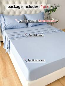 4pcs Solid Color Home Bedding Set, With Ruffle Decoration, Soft Comfortable Breathable Bedding Set, Hotel Luxury Home Summer Bed Sheets, Suitable For Double/Single/Large/Medium/Small Sizes, Includes 2 Pillowcases, 1 Flat Sheet And 1 Fitted Sheet, Home Decor, Ideal Gift, Suitable For Home Bedding And Dorm Essentials - Dusty Blue - View 7