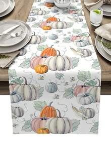 Fall Harvest Watercolor Pumpkins Table Runner Holiday Party Decor Reusable Farmhouse Kitchen Dining Table Runner Thanksgiving Decorations - Multicolor - View 2