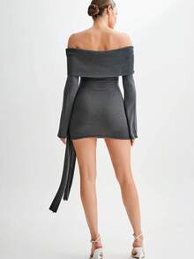 Vestido punto hombros al descubierto ajustado semi transparente - Gris - Ver 5