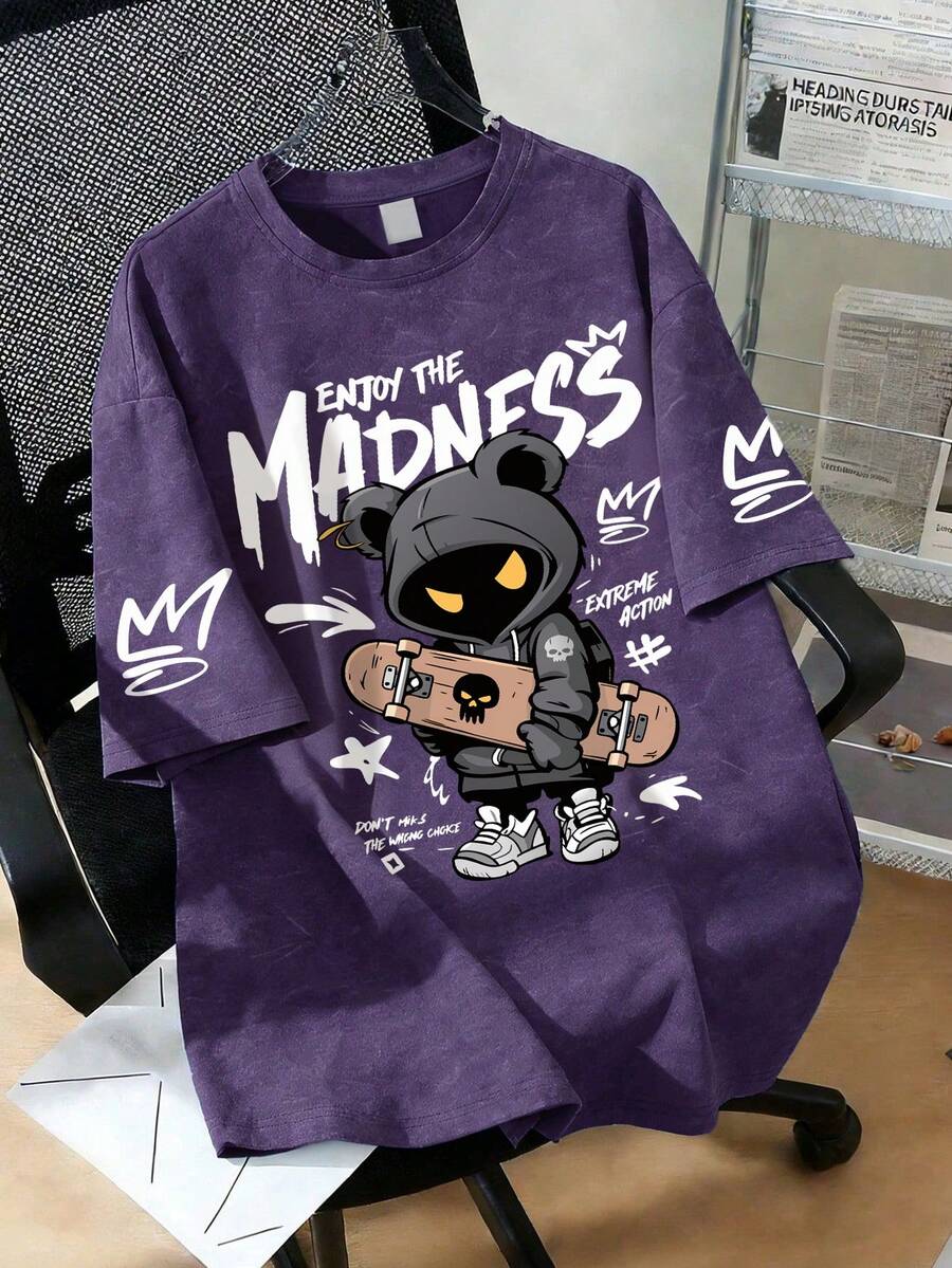 Tenn Boys Round Neck Short Sleeve T-Shirt, Comfortable And Soft Teen Boy Clothing, Printed With Bear And Skateboard Pattern, Suitable For Summer Wear - Purple - View 1