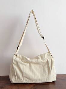 Bolsa cruzada de solapa vintage minimalista, bolsa de lona lavada gruesa, bolsa de mensajero de gran capacidad, versátil y casual, estilo estadounidense para estudiantes universitarios, viaj - Beis - Ver 6