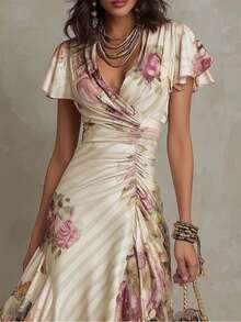 Vestido manga corta estampado escote V con volantes corte A - Albaricoque - Ver 2