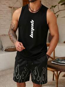 Men's Letter Print Crew Neck Raglan Sleeveless Tank Top And Shorts Set, Casual Summer Fitness Muscle Outfit, Versatile Minimalist Sportswear, Suitable For Outdoor Wear - Black - View 6