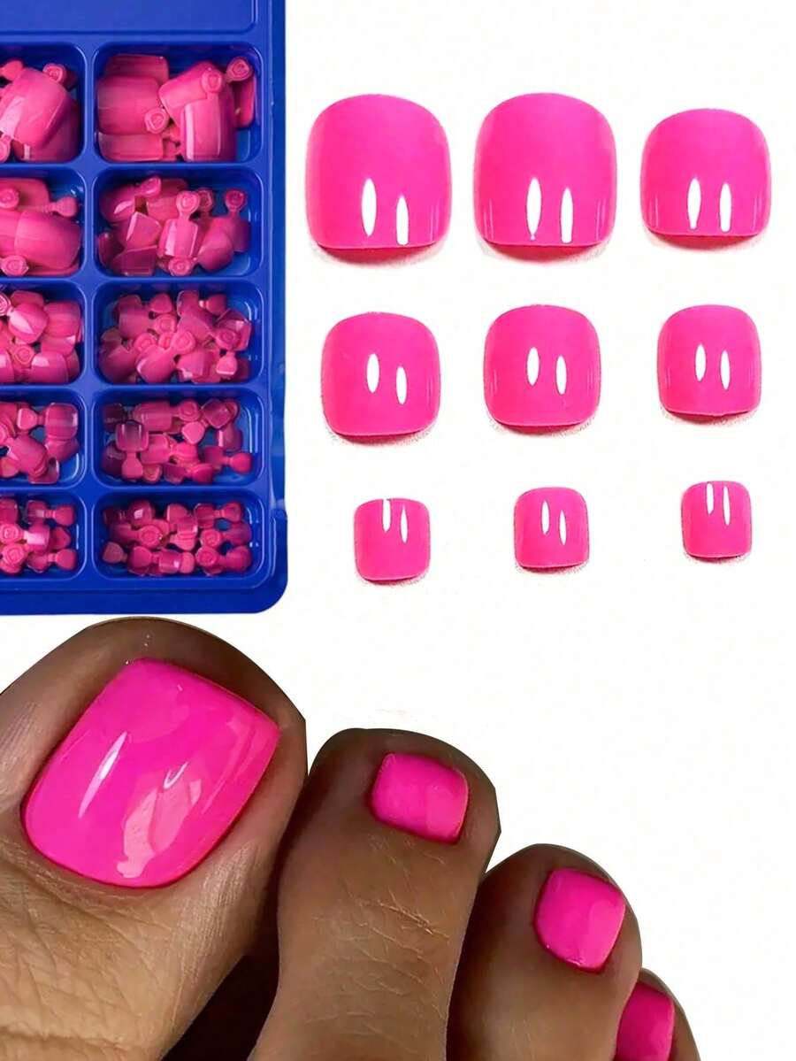 ARTAUG 100pcs Glossy Fake Toenails, Rose Red Press-On Nails, Full Coverage Short Square Artificial Toenails, Artificial Foot Nail Art, Suitable For Women And Girls - Hot Pink - View 1
