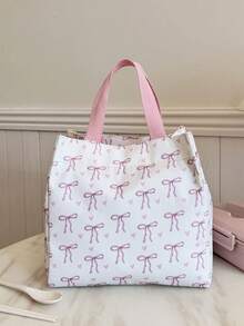Portable Insulated Lunch Bag, Bento Bag, Dinner Thermal Bag, Thickened Cute Lunch Fruit Bag For Students, Bow Knot Pattern - Beige - View 10