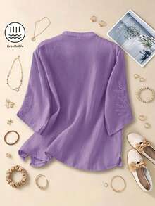 Blusa de lino bohemia para mujer, elegante, vintage y casual, con bordado artístico de color liso sin patrón, holgada, para verano - Morado - View 3