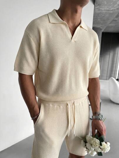 ANDREILEE Men's Casual Loose Knit Polo Collar Sweater & Shorts Set, Lightweight Sporty Business Commute Outfit, Spring/Summer