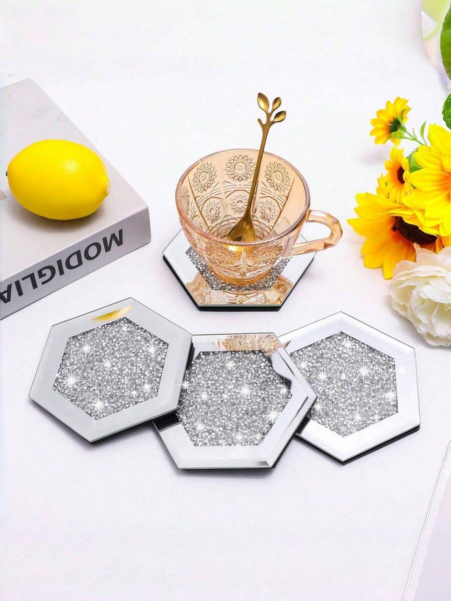 4pcs Crystal Rhinestone Glass Heat Insulation Mat Set, Fashionable Elegant Glass Mirror, Hexagonal Coasters, Suitable For Tea Cup Mats, Coffee Mats, Placemats, Party Tabletop Bar Table Decoration