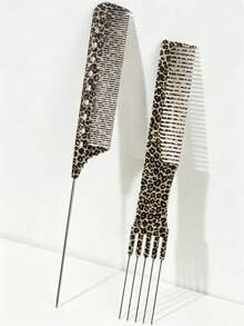 Juego de 2 piezas de peines con estampado de leopardo, peine profesional de dientes anchos y de cola de rata, herramienta de peinado de salón para desenredar, seccionar y uso diario, portátil para viajes y escuela - Multicolor - Ver 1