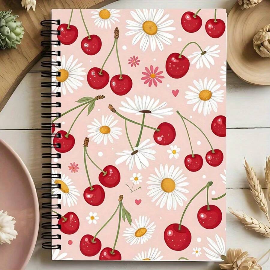 Cherry & Daisy Spiral Notebook - College Ruled Journal With High-Quality Paper, Vibrant Pink Cover Design, Portable For Note-Taking, Studying & Creative Writing - Perfect For Students & Professionals, Notebooks For School - E - View 1