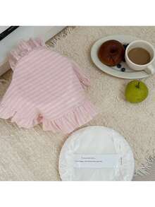 1pc/2pcs/6pcs French Blue & White Striped Floral Lace Edged Placemats, Delicate Ruffle Trim Tablecloth, Dust Cover - Multicolor - View 7
