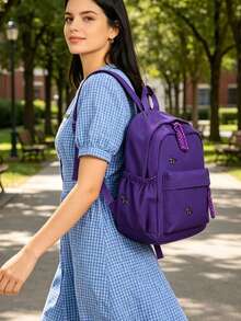 Women's Solid Color Nylon Lightweight Backpack, Cute Pony Pattern Casual Daily Backpack, Multi-Pocket Minimalist Solid Color School Bag, Suitable For School, Work, Travel And Daily Use - Purple - View 5