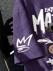 Tenn Boys Round Neck Short Sleeve T-Shirt, Comfortable And Soft Teen Boy Clothing, Printed With Bear And Skateboard Pattern, Suitable For Summer Wear - Purple - View 4