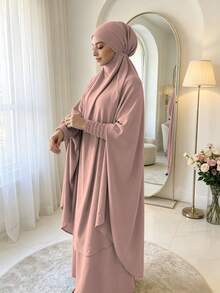紋理縮褶彈性袖口 Khimar Abaya 兩件套，寬鬆大袖端莊 長洋裝，穆斯林女性休閒伊斯蘭禮拜服飾 - 彩色 - 查看 10