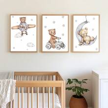 3件/套帆布裝飾畫 幼兒房牆面裝飾，泰迪熊幼兒房壁畫套裝，小熊幻想冒險場景（飛機上的飛行員、月亮上的睡熊、開車的小熊），點綴星空與雲朵圖案，中性風格兒童房裝飾，裝裱好可直接掛牆藝術版畫，適用於幼兒臥室、幼兒房、遊戲室藝廊牆、閱讀區、托兒所牆面裝飾和居家學習空間。亦是理想的嬰兒洗禮禮物，適合作為兒童生日禮物 - 彩色 - 查看 10
