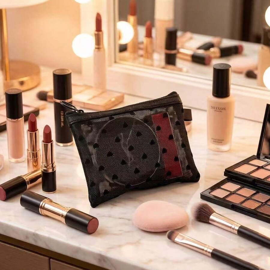 1pc Minimalist Mesh Makeup Bag, Cosmetic Bag, Skincare Bag, Toiletry Bag, Packing Box, Cruise Essentials, Dorm Essentials, Wedding Bridesmaid Gift, Mom Gift, Birthday Gift, Gift For Friends And Teachers, Home Decor, Bathroom Living Room Bedroom Bathroom Storage Bag - Black - View 1