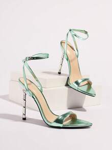 Jin Bei Qi Women's High Heel Sandals, Spring/Summer Night Party Outdoor Fashion High-End Banquet Electroplated Ribbed Stiletto Pointed Toe Shiny Single Strap With Plain Design, High Quality Soft Metallic Glossy Fabric, Sexy Ankle Strap With Adjustable Buckle, Elegant Fashion Party Mint Green Women's Shoes, Ball Party Charming High Heels - Mint Green - View 5