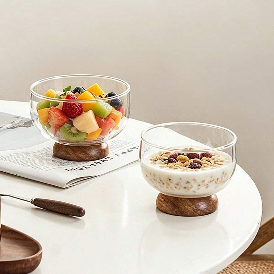 Bestselling Nordic Solid Wood Base Glass Bowl, Transparent Lead-Free Glass Fruit Bowl, Dried Fruit Plate, Dessert Bowl - Wooden-legged Glass Dessert Bowl - View 1