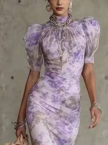 Elegant French Retro Style Chiffon Fishtail Dress For Vacation - 紫色 - 查看 2