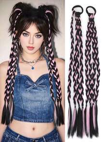 2 Pieces Set Of Y2K Style Synthetic Multi-Strand Rainbow Long Braid Hair Extensions With Elastic Rubber Bands For Ponytails - Multicolor - View 13