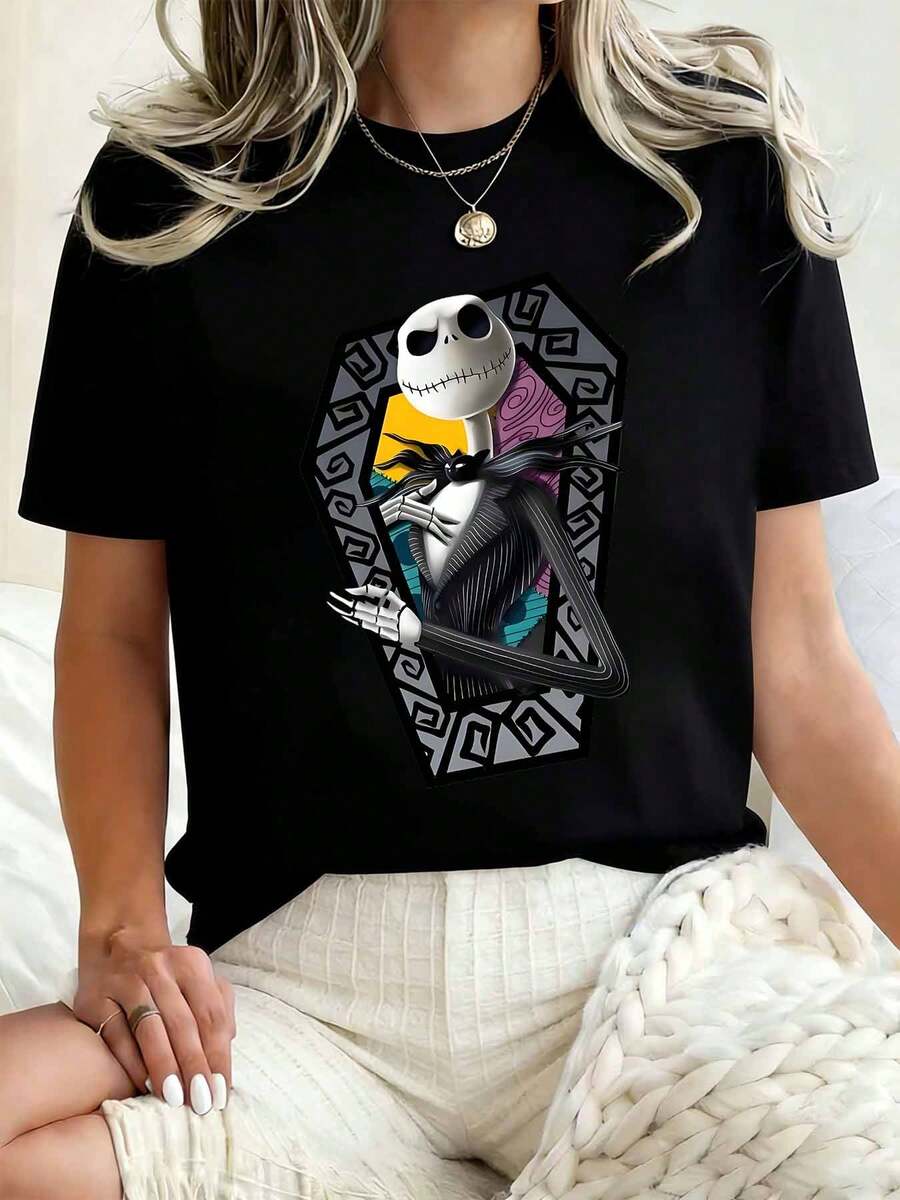 Disney Women Round Neck T Shirt Jack Skellington Coffin Print Halloween Costume Party 220g - màu đen - Xem 1