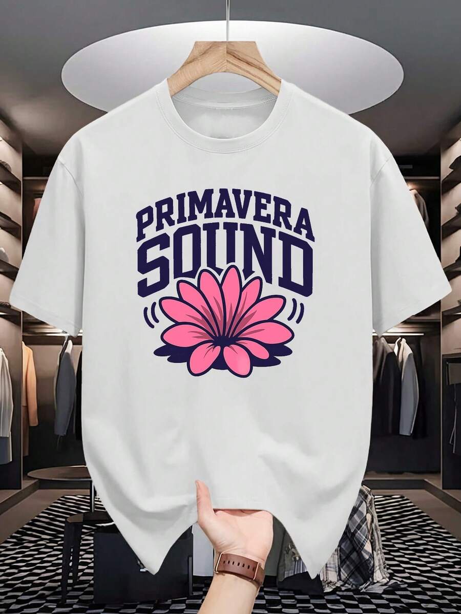 Vintage Short-Sleeve T-Shirt For Men With A Pink Floral Pattern For Primavera Sound, Featuring  Prints Suitable For Spring And Summer, Casual Round-Neck Style Summer Tops. - White - View 1