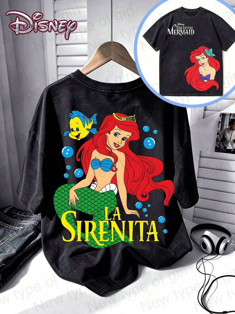 The La Sirenita T-Shirt, Ariel And Flounder Washed Tee, Disney Ariel Graphic Shirt, Retro Casual Top, Disney Princess Ariel Fan T-Shirt - 黑色 - 查看 1