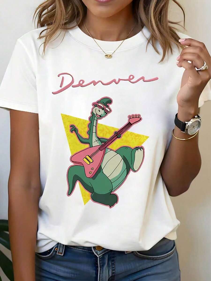 Camiseta Redonda para Mujer con Estampado Gráfico de Dinosaurio de Denver, Blanca, Talla Estándar, Casual, Primavera/Verano - Estilo - Ver 1