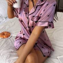 MewMuse.  Conjunto de pijama de manga corta con cuello y estampado de corazones en rosa suave y negro, de estilo minimalista para mujer - Verde - Ver 5