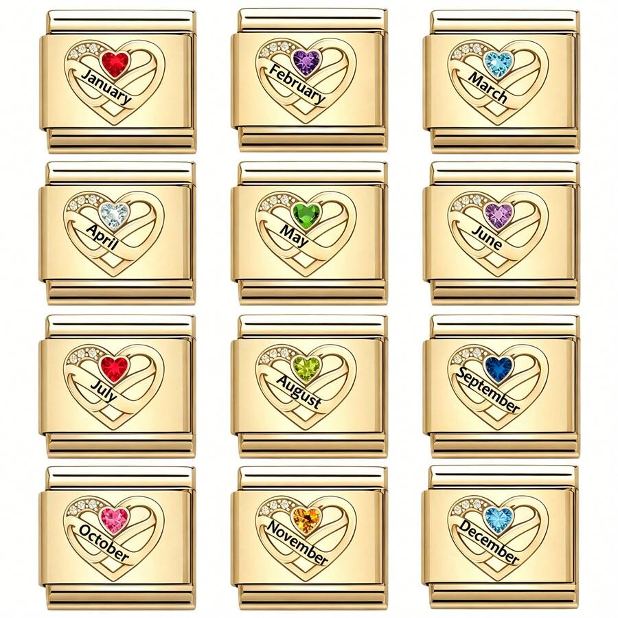 Pulsera de encanto italiana con patrón de corazón mensual para hacer joyas - Dorado - Ver 1