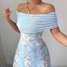 jianchaimaoyi02  Vestido de verano con hombros descubiertos, volantes, corte y panel de malla bordado para mujer - Azul - Ver 2
