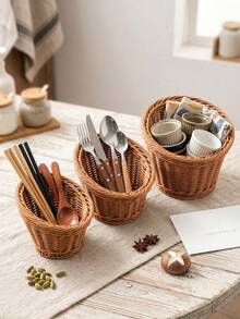 1pc/3pcs (S+M+L) Boho Faux Rattan Storage Basket Set, Durable Easy-Clean Woven Kitchen Organizer For Utensils, Tableware, Decor & Plants - Brown - View 2