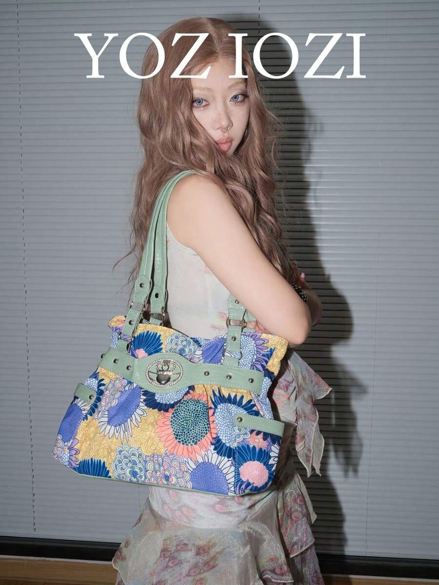 復古Y2K辣妹通勤日常購物女款單肩托特包 美式復古Y2K辣妹斜背腋下包 小眾次文化極簡托特包 - 綠松石色 - 查看 1