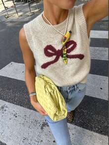 Plus Size Women's Knit Bow Decor Sleeveless Knit Sweater Vest Plus Size Loose Layered Winter Pullover - Apricot - View 3
