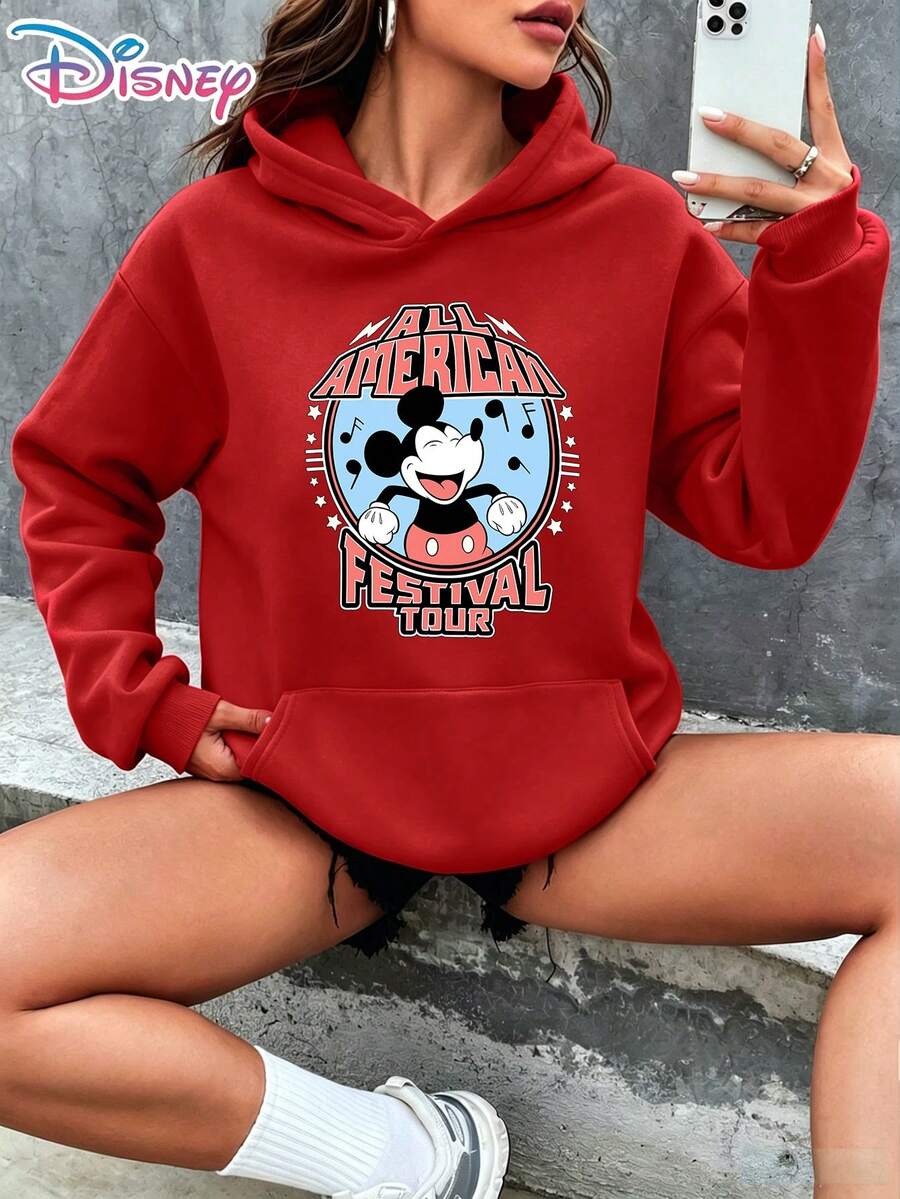 Disney Mickey Mouse Festival Tour Music Note Star Vintage Cartoon Graphic Pullover Hoodie Women's Casual Daily Wear Long Sleeve Soft Comfortable Concert Themed Streetwear Top It Is A Gift For Fans And Friends, And It Is Also A Perfect Gift Choice For Lovers And Relatives. - Red - View 1
