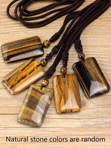 Boho Natural Tiger Eye Rectangular Pendant Necklace Hand-Knitted.Unisex Style.Perfect For Everyday And Holidays Wear.The Perfect Gift - Brown - View 7