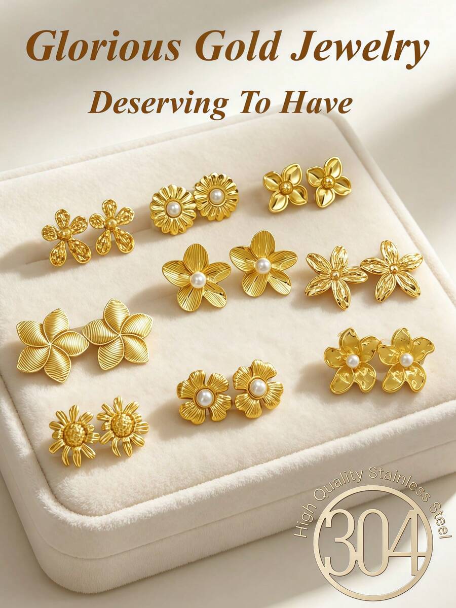 18 Pieces / 9 Pairs, Summer Golden Women's Pearl Earrings. Includes Designs Such As Sunflowers And Sunflowers. Suitable For Casual Daily And Vacation Wear. - Stainless Steel Set - View 1
