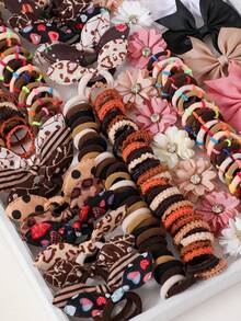 117pcs Girls Brown Hair Accessories Set, Bow/Rhinestone Flower/Hair Clip Cute Princess Simple Basic Hair Tie Rabbit Ear Hair Rope Hair Band High Elasticity Durable Non-Damaging Hair Tie Rhinestone Bow Hair Clip Suitable For Daily Use - Multicolor - View 4